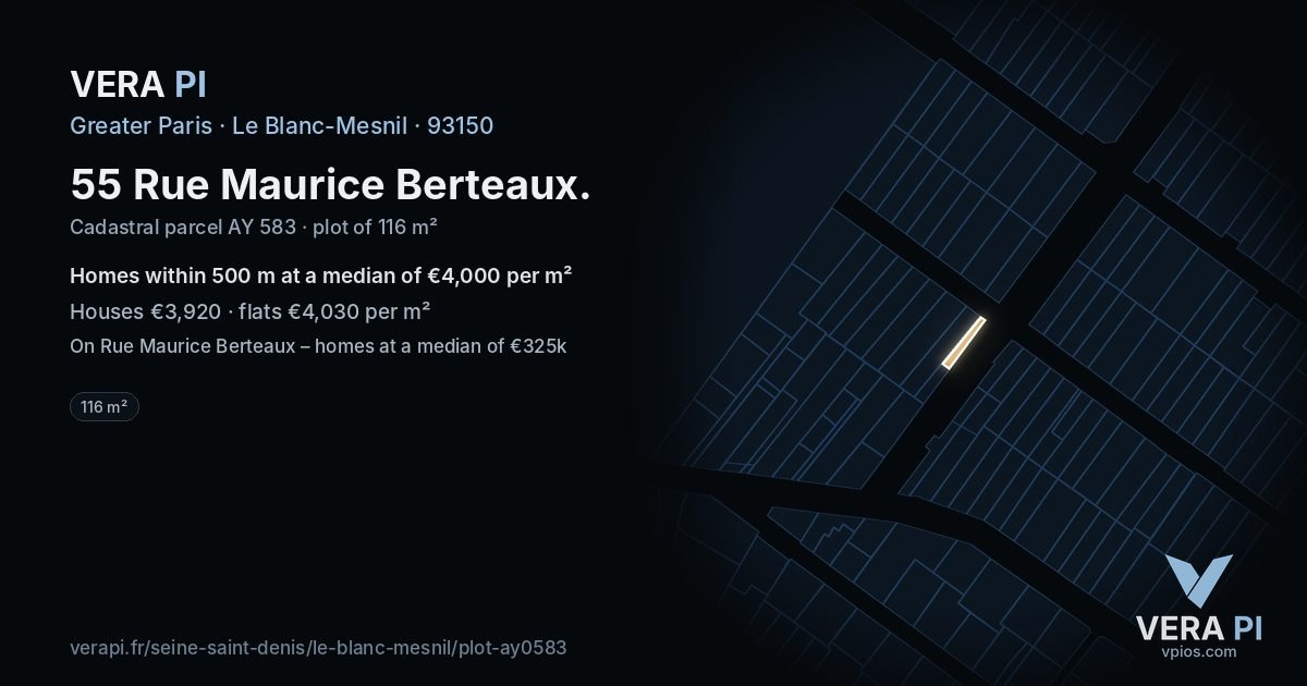 55 Rue Maurice Berteaux, Le Blanc-Mesnil at night – the plot lit, the parcels around coloured by the prices near them