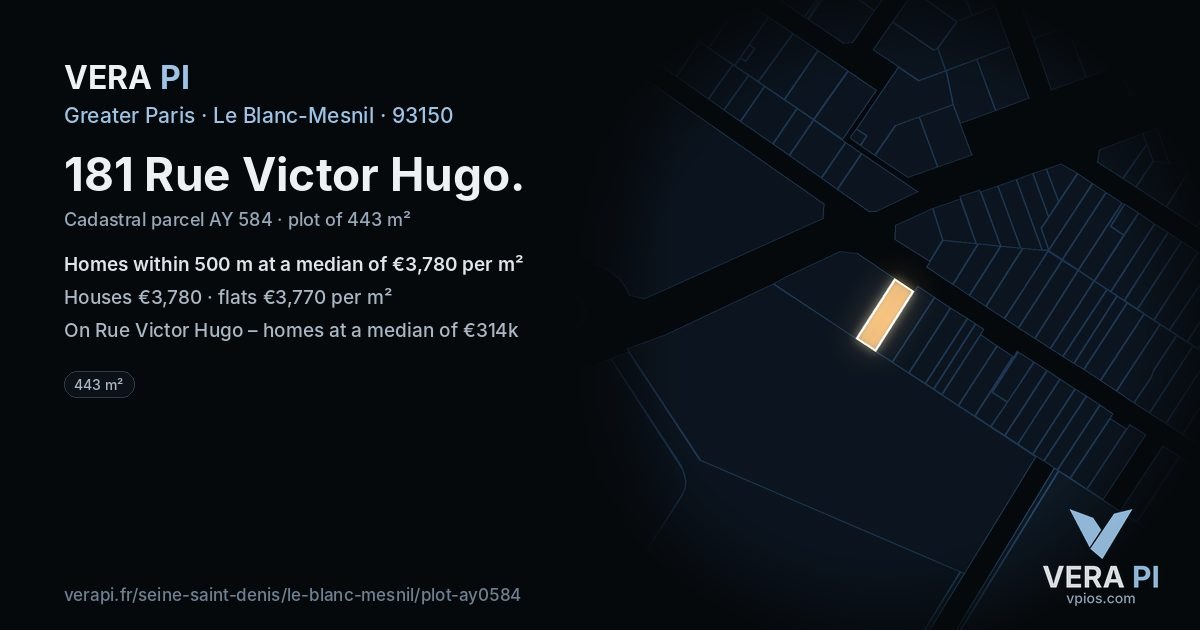 181 Rue Victor Hugo, Le Blanc-Mesnil at night – the plot lit, the parcels around coloured by the prices near them