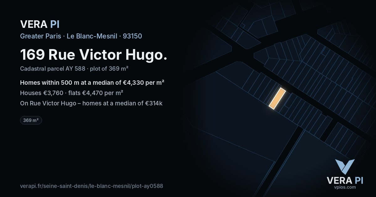 169 Rue Victor Hugo, Le Blanc-Mesnil at night – the plot lit, the parcels around coloured by the prices near them