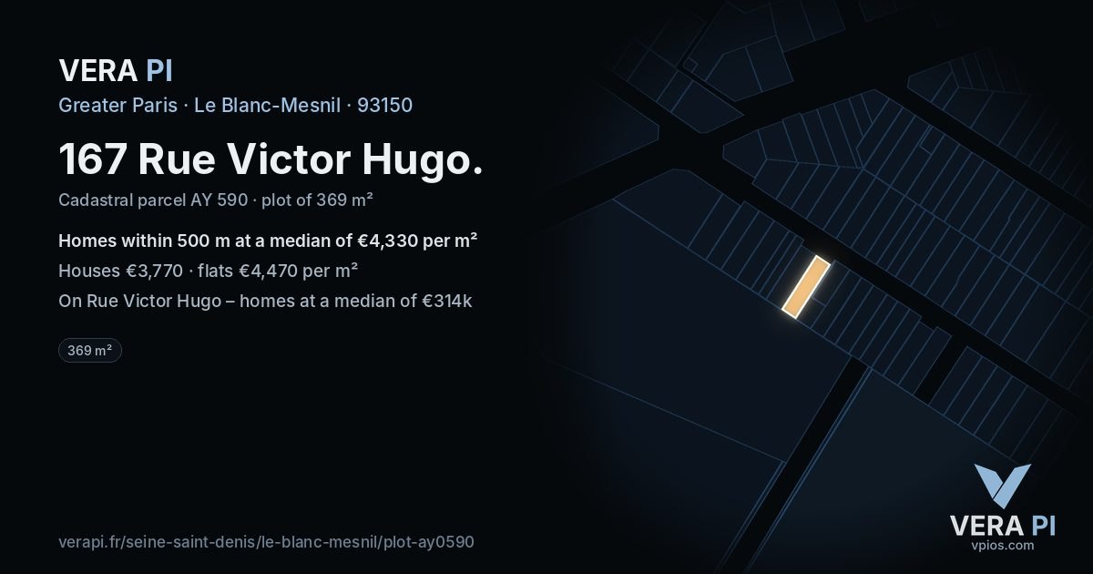 167 Rue Victor Hugo, Le Blanc-Mesnil at night – the plot lit, the parcels around coloured by the prices near them