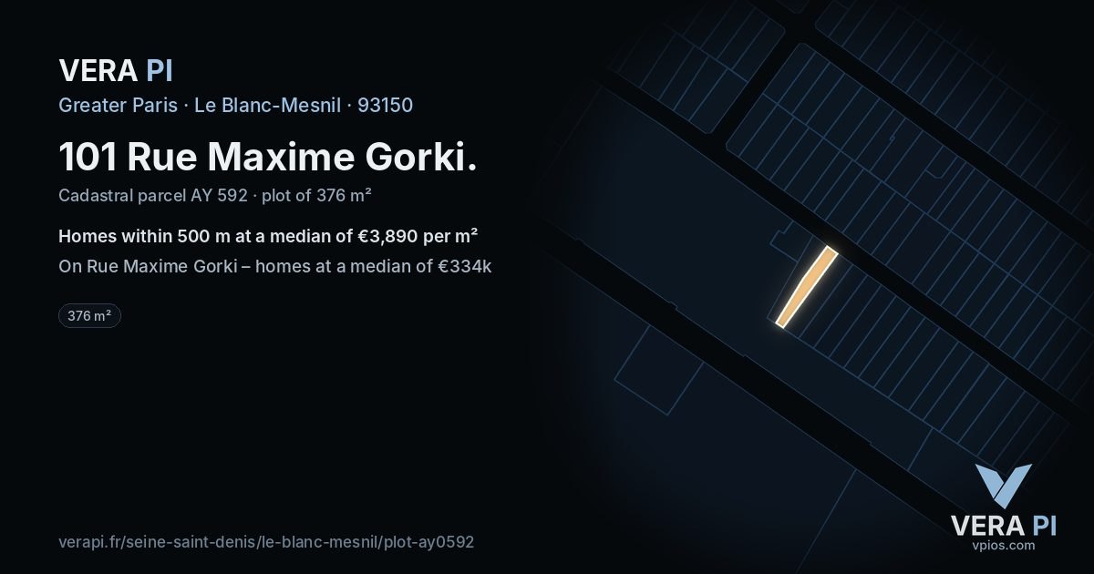 101 Rue Maxime Gorki, Le Blanc-Mesnil at night – the plot lit, the parcels around coloured by the prices near them