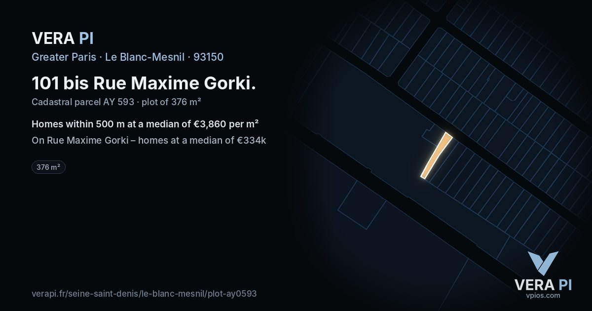 101 bis Rue Maxime Gorki, Le Blanc-Mesnil at night – the plot lit, the parcels around coloured by the prices near them