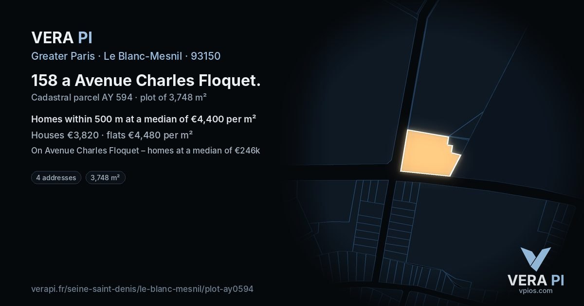 158 a Avenue Charles Floquet, Le Blanc-Mesnil at night – the plot lit, the parcels around coloured by the prices near them