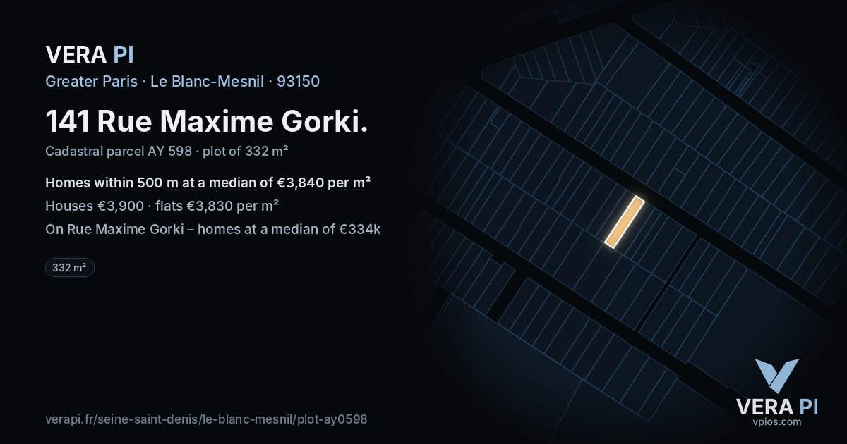 141 Rue Maxime Gorki, Le Blanc-Mesnil at night – the plot lit, the parcels around coloured by the prices near them
