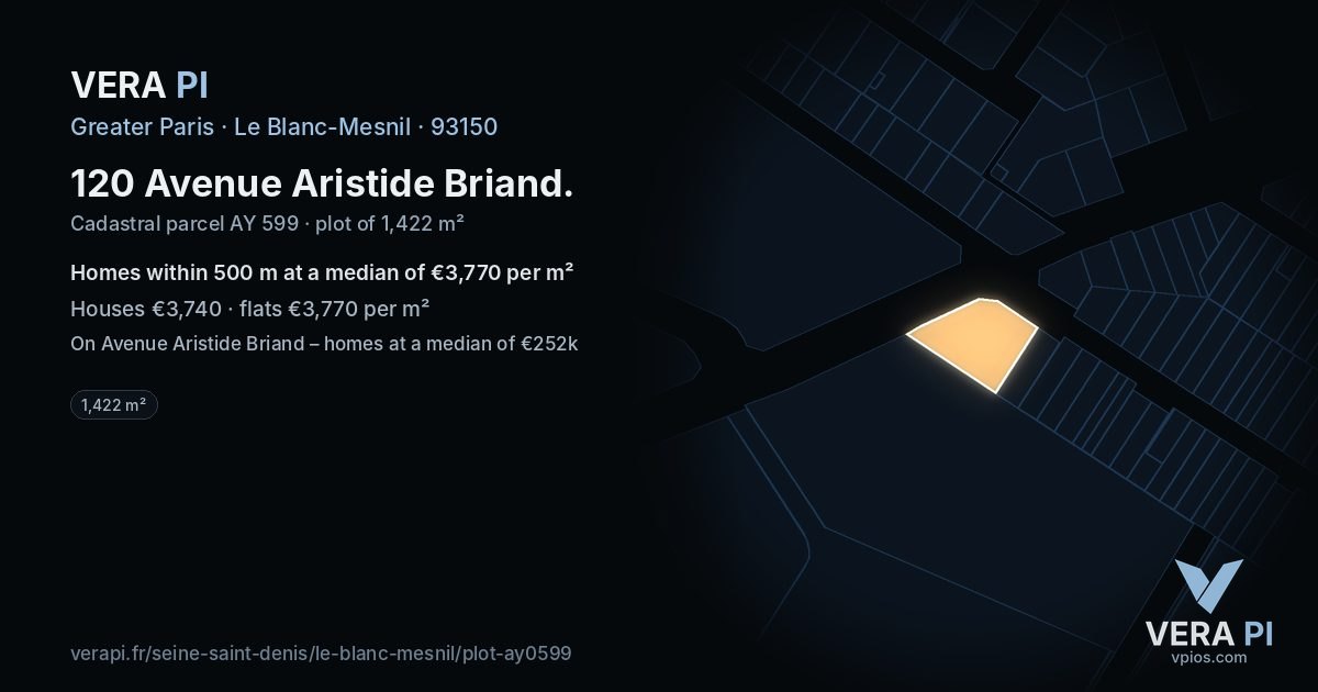 120 Avenue Aristide Briand, Le Blanc-Mesnil at night – the plot lit, the parcels around coloured by the prices near them