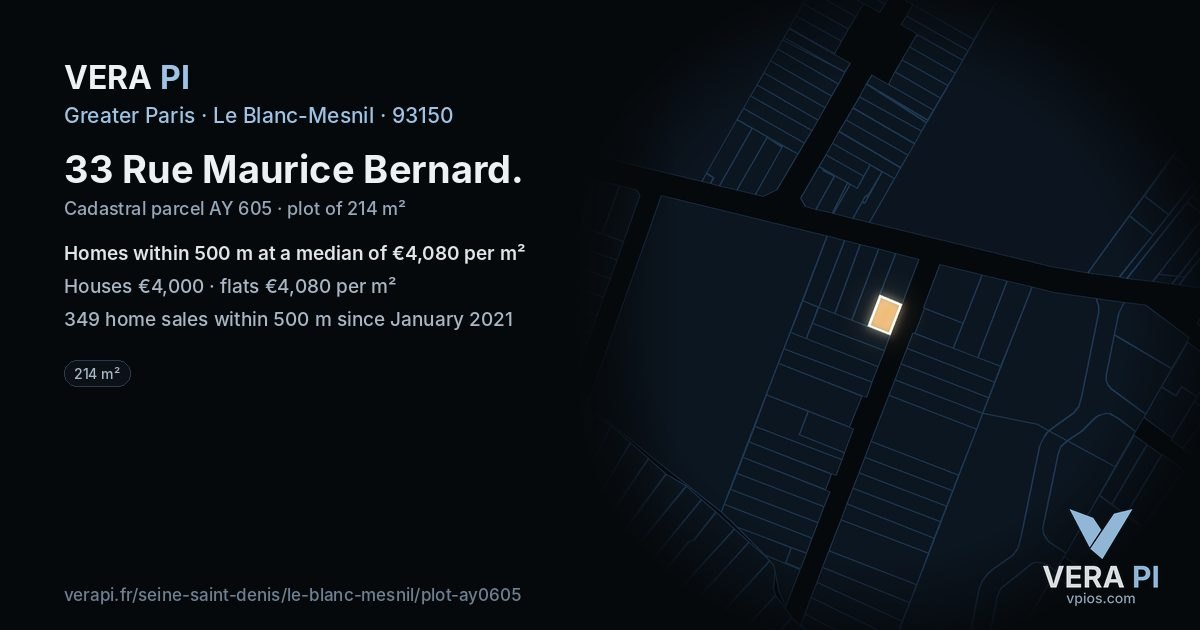 33 Rue Maurice Bernard, Le Blanc-Mesnil at night – the plot lit, the parcels around coloured by the prices near them