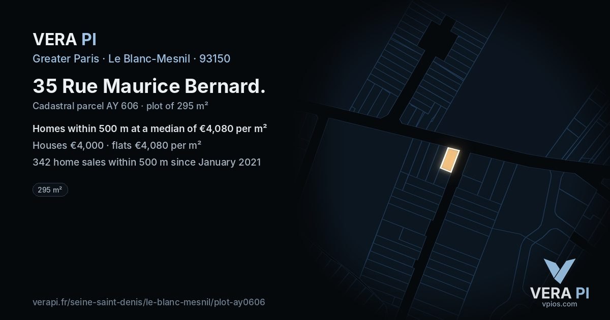 35 Rue Maurice Bernard, Le Blanc-Mesnil at night – the plot lit, the parcels around coloured by the prices near them