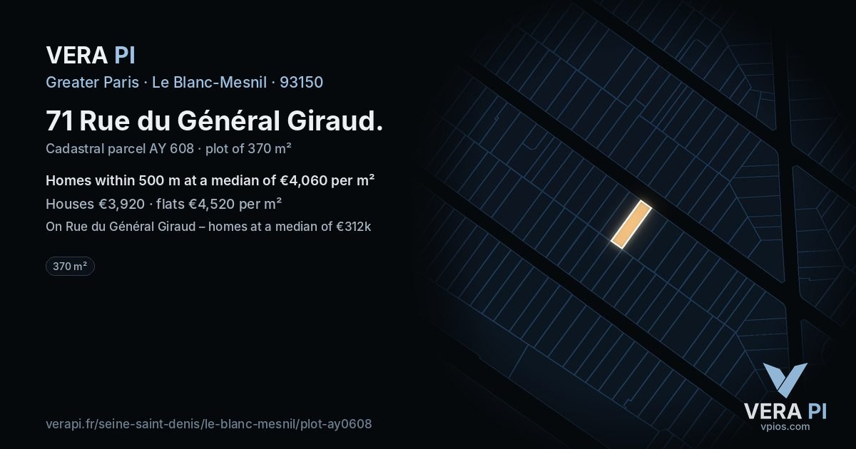 71 Rue du Général Giraud, Le Blanc-Mesnil at night – the plot lit, the parcels around coloured by the prices near them
