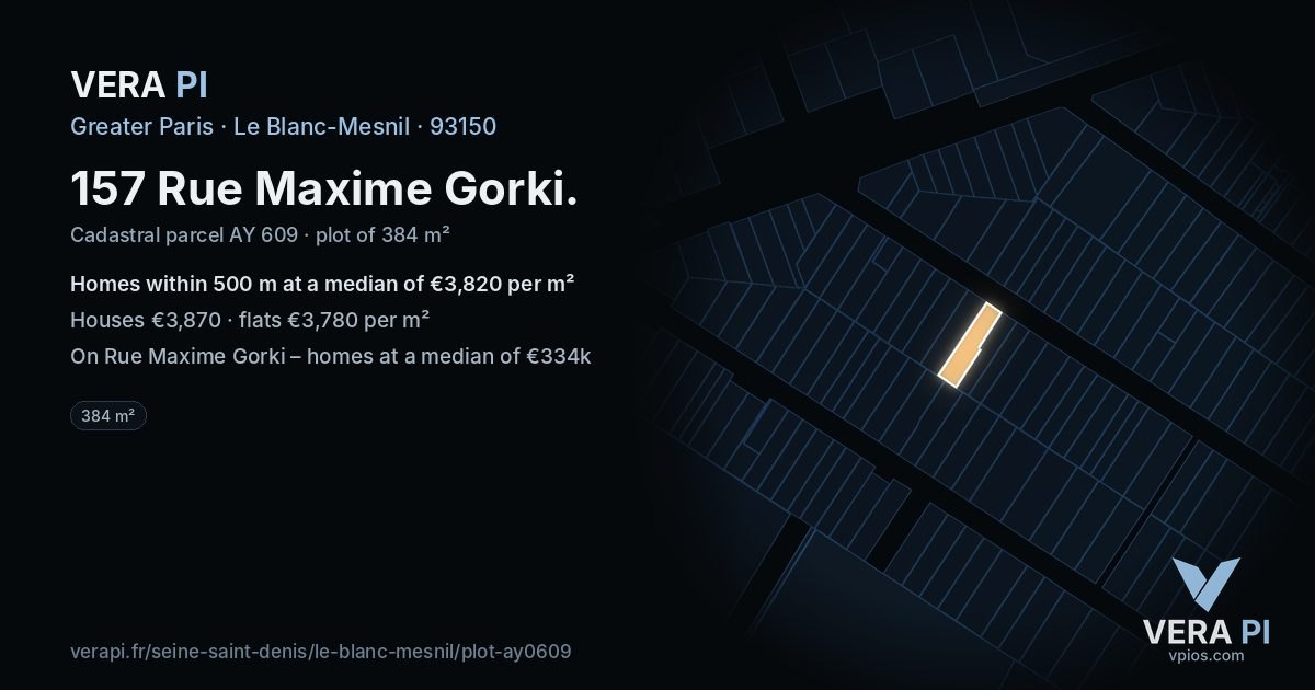 157 Rue Maxime Gorki, Le Blanc-Mesnil at night – the plot lit, the parcels around coloured by the prices near them