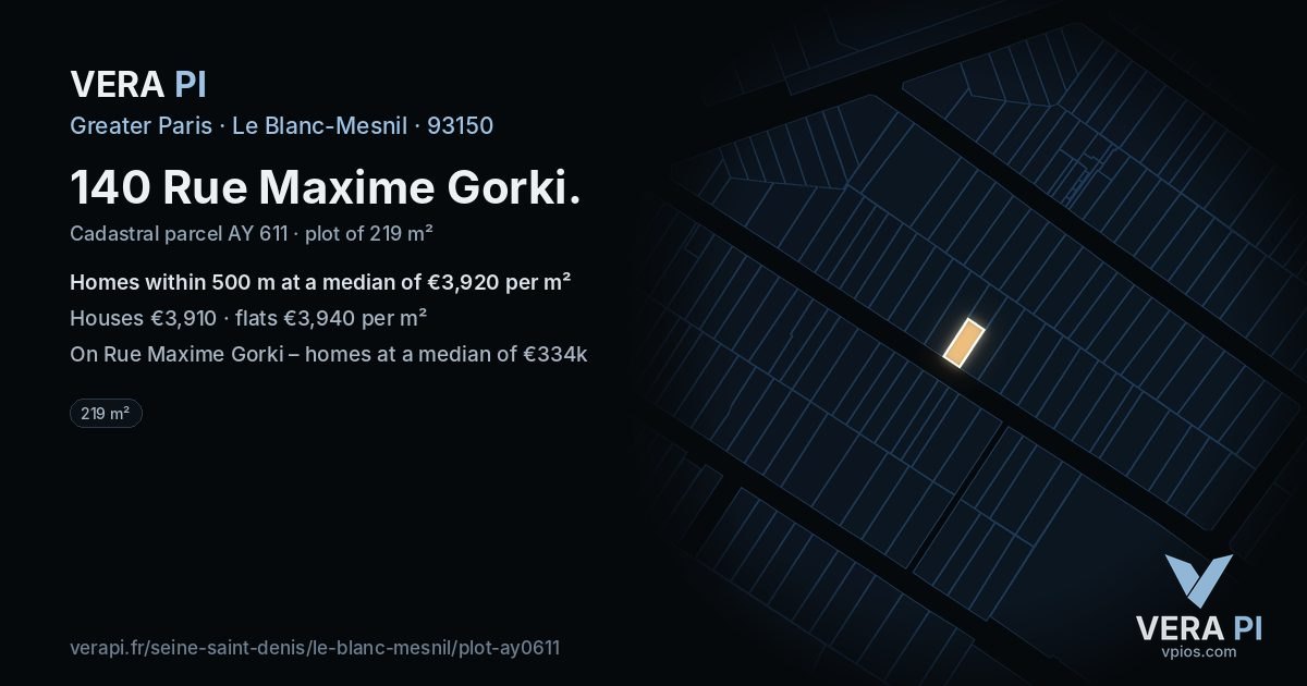 140 Rue Maxime Gorki, Le Blanc-Mesnil at night – the plot lit, the parcels around coloured by the prices near them