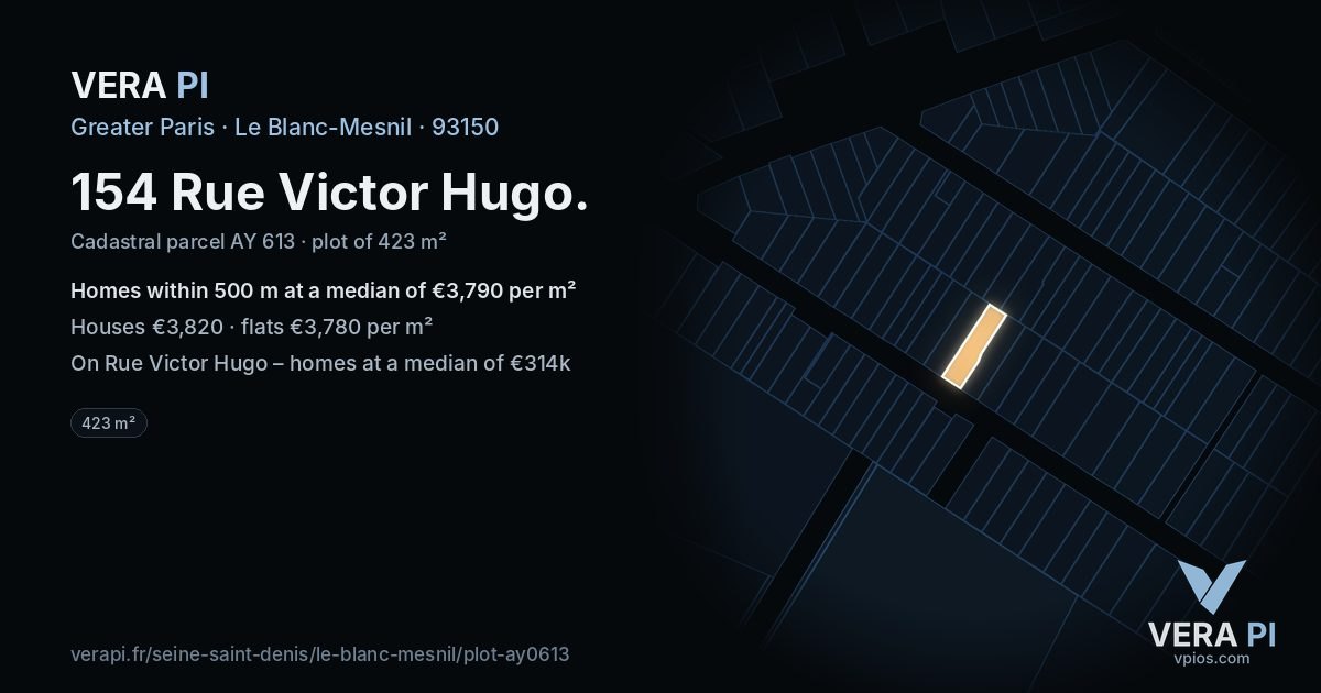 154 Rue Victor Hugo, Le Blanc-Mesnil at night – the plot lit, the parcels around coloured by the prices near them