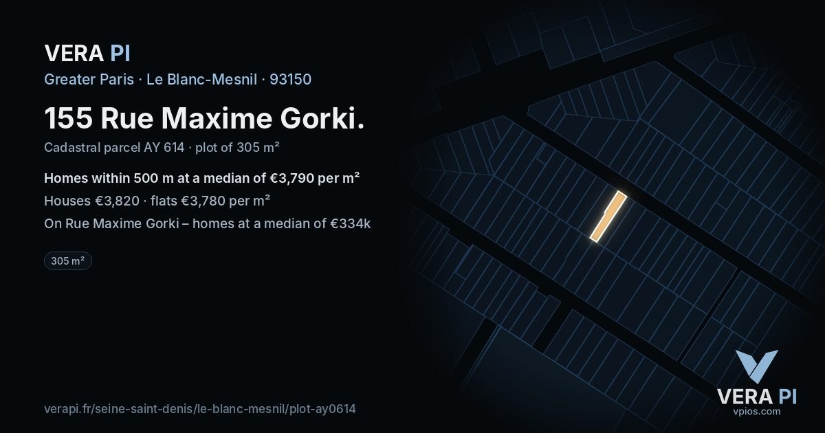 155 Rue Maxime Gorki, Le Blanc-Mesnil at night – the plot lit, the parcels around coloured by the prices near them