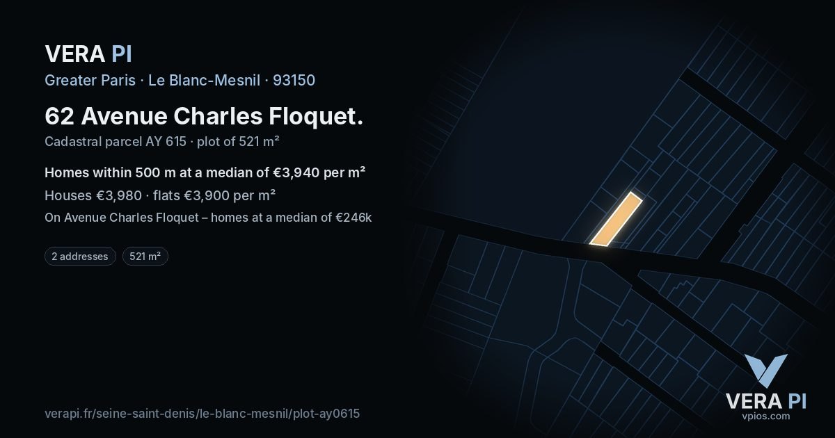 62 Avenue Charles Floquet, Le Blanc-Mesnil at night – the plot lit, the parcels around coloured by the prices near them