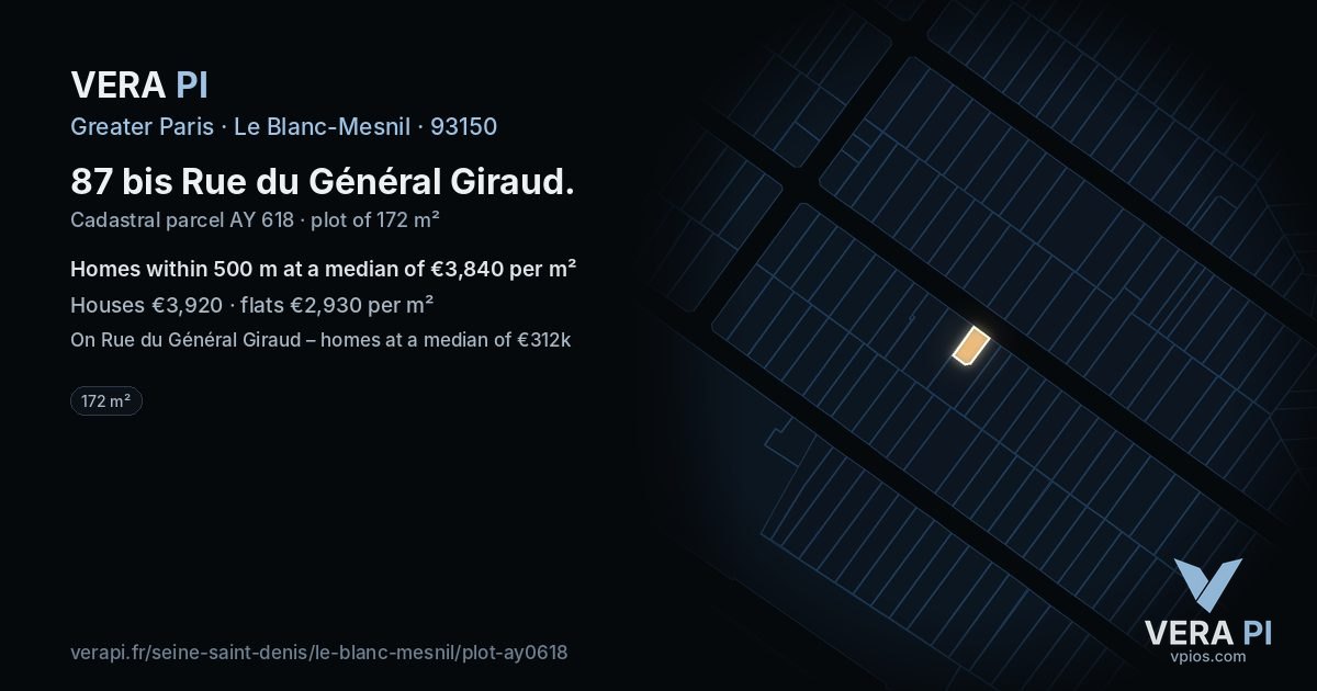 87 bis Rue du Général Giraud, Le Blanc-Mesnil at night – the plot lit, the parcels around coloured by the prices near them