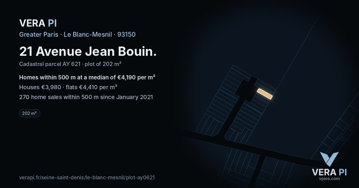 21 Avenue Jean Bouin, Le Blanc-Mesnil at night – the plot lit, the parcels around coloured by the prices near them