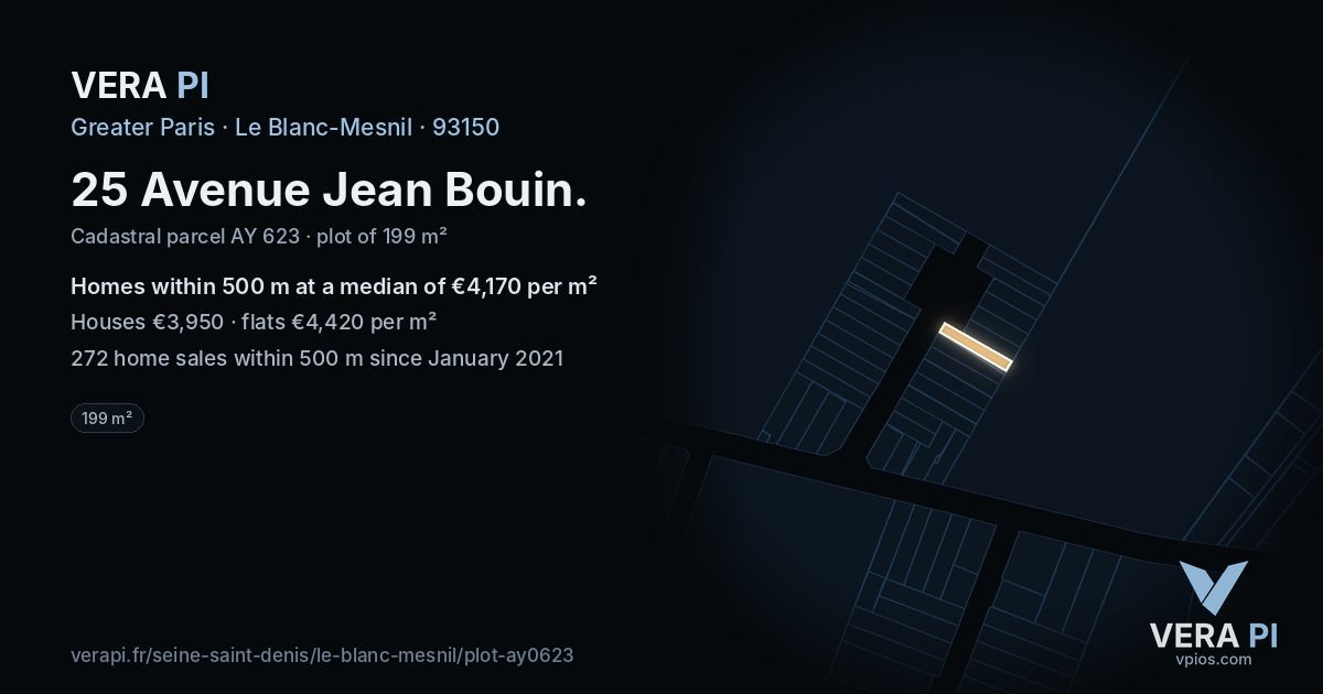 25 Avenue Jean Bouin, Le Blanc-Mesnil at night – the plot lit, the parcels around coloured by the prices near them