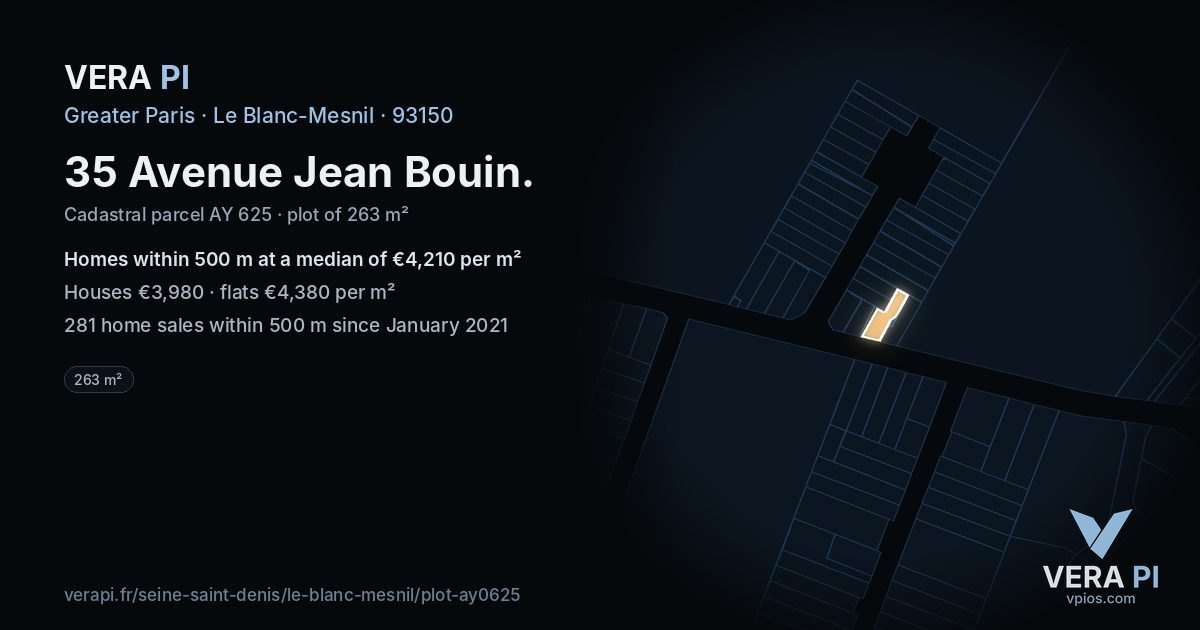 35 Avenue Jean Bouin, Le Blanc-Mesnil at night – the plot lit, the parcels around coloured by the prices near them