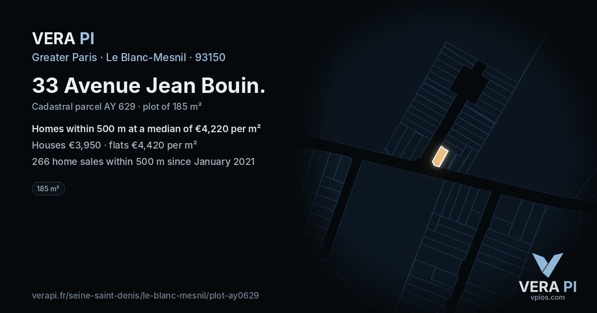 33 Avenue Jean Bouin, Le Blanc-Mesnil at night – the plot lit, the parcels around coloured by the prices near them