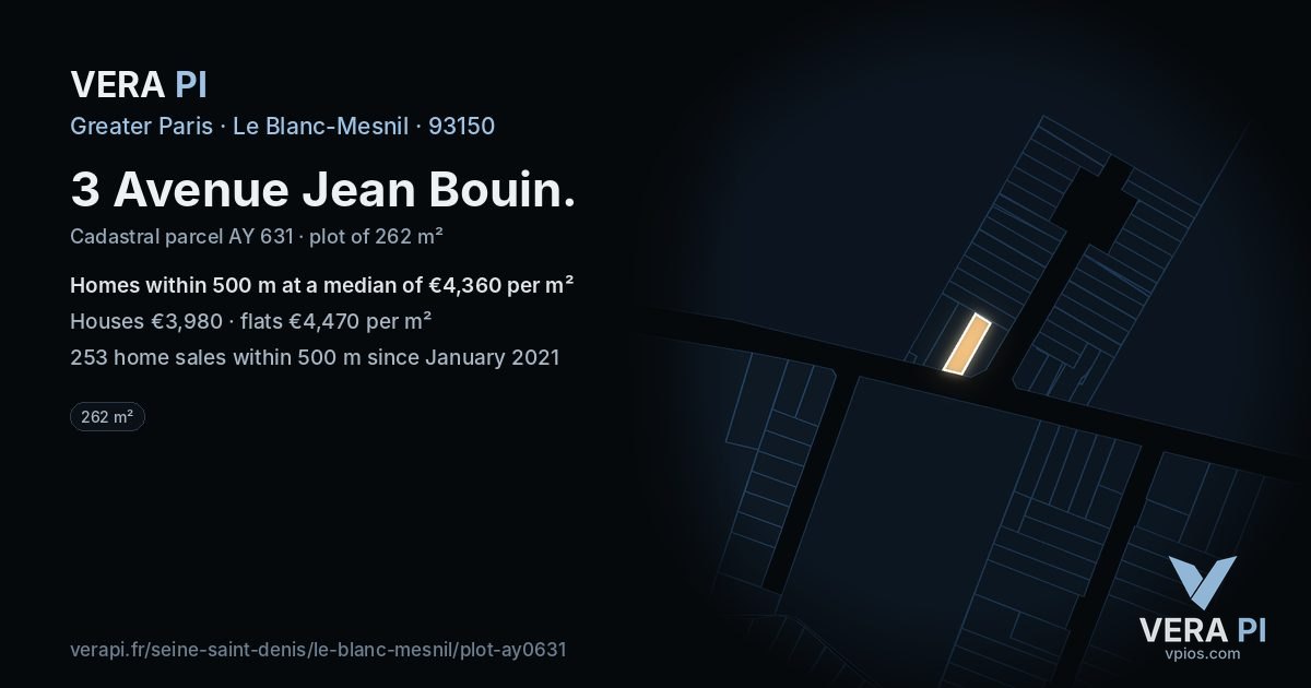 3 Avenue Jean Bouin, Le Blanc-Mesnil at night – the plot lit, the parcels around coloured by the prices near them