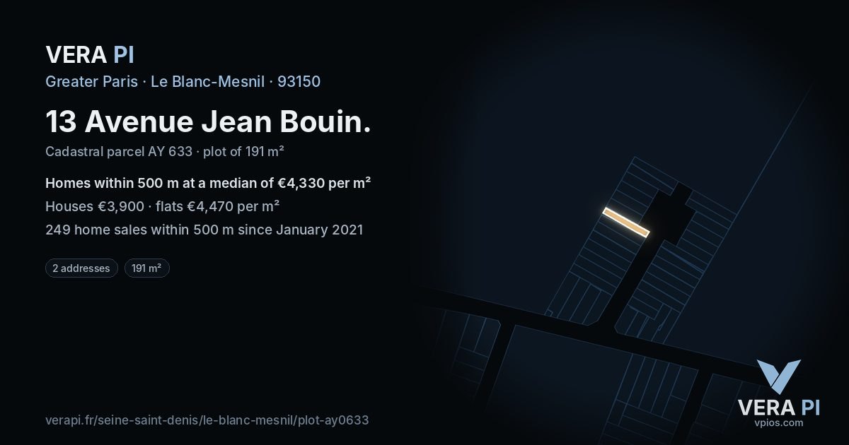 13 Avenue Jean Bouin, Le Blanc-Mesnil at night – the plot lit, the parcels around coloured by the prices near them