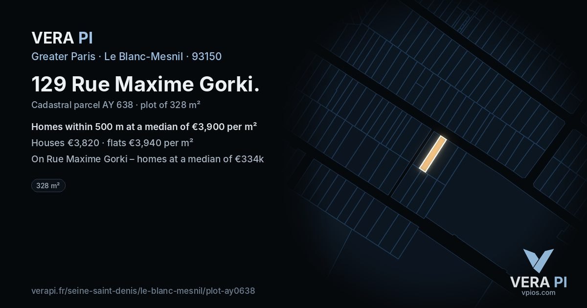 129 Rue Maxime Gorki, Le Blanc-Mesnil at night – the plot lit, the parcels around coloured by the prices near them