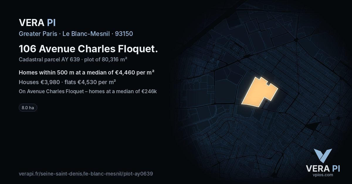 106 Avenue Charles Floquet, Le Blanc-Mesnil at night – the plot lit, the parcels around coloured by the prices near them