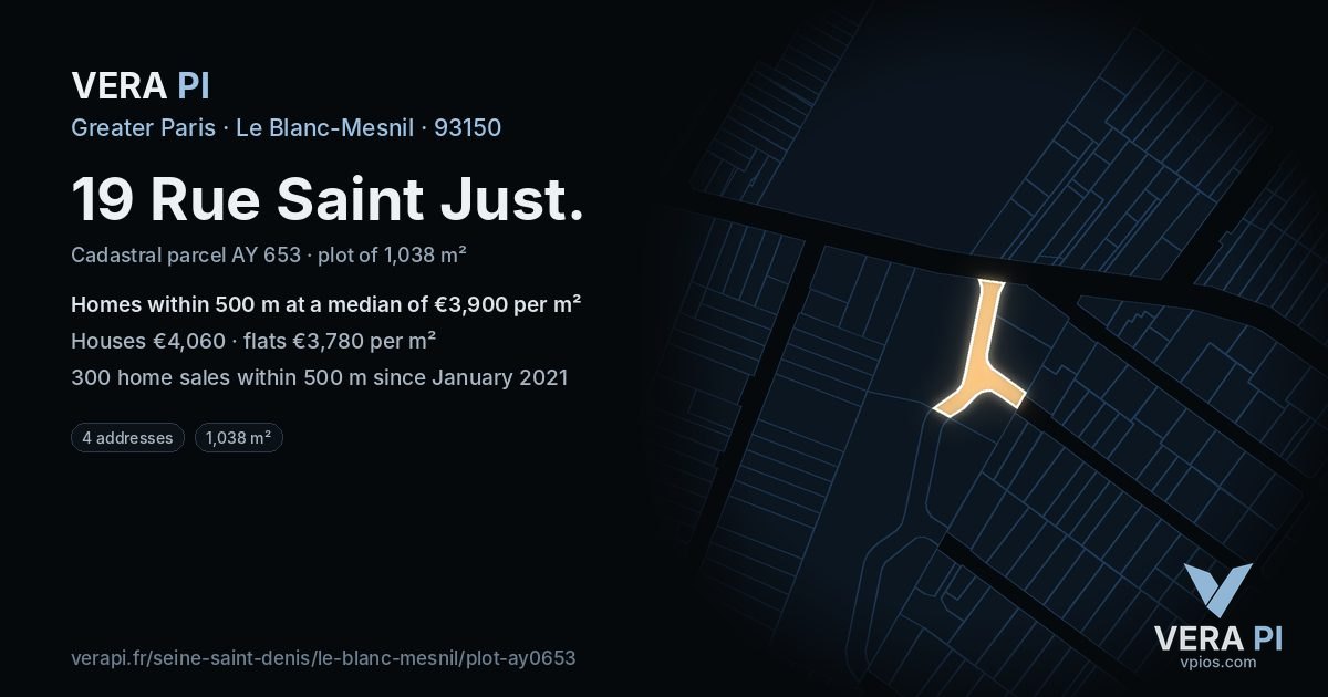 19 Rue Saint Just, Le Blanc-Mesnil at night – the plot lit, the parcels around coloured by the prices near them
