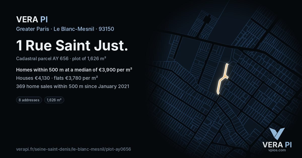 1 Rue Saint Just, Le Blanc-Mesnil at night – the plot lit, the parcels around coloured by the prices near them