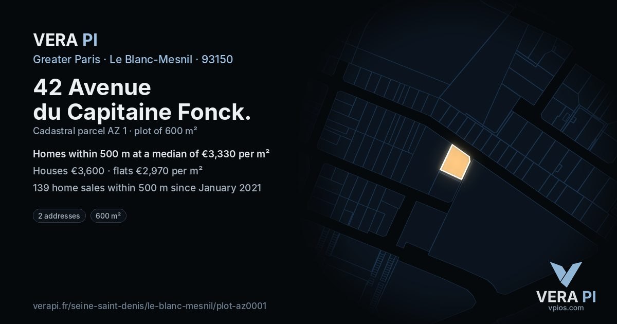 42 Avenue du Capitaine Fonck, Le Blanc-Mesnil at night – the plot lit, the parcels around coloured by the prices near them