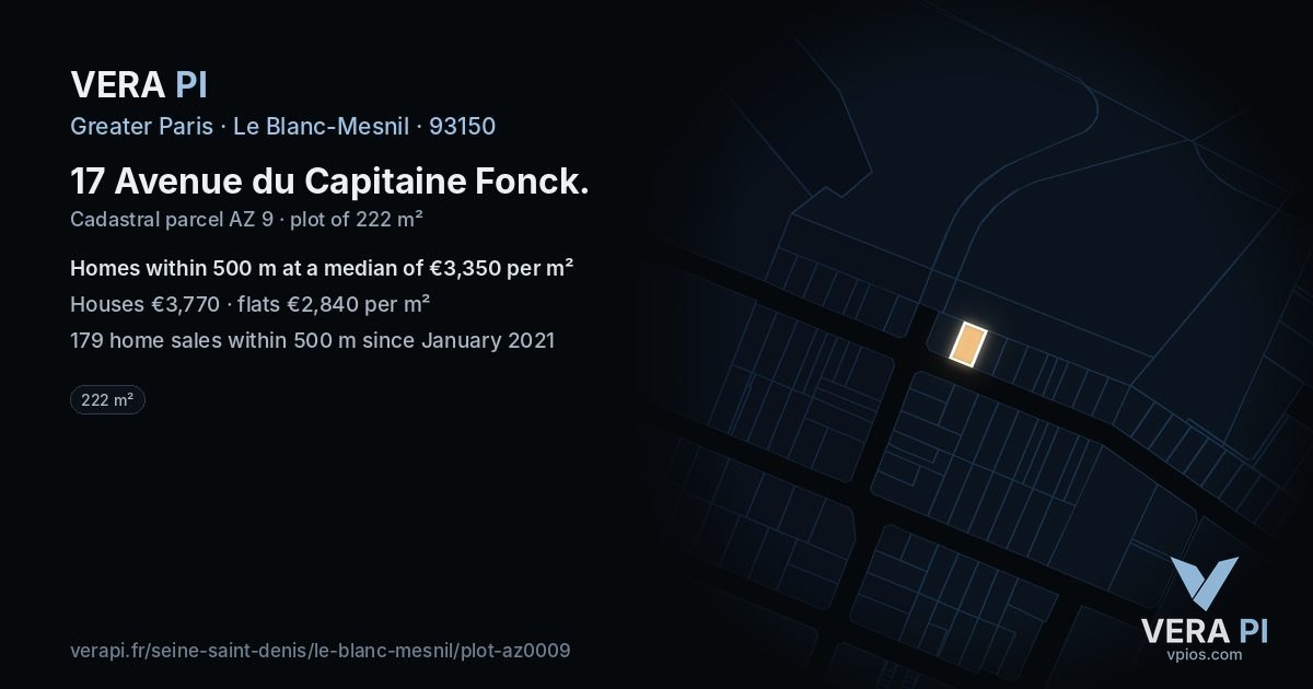 17 Avenue du Capitaine Fonck, Le Blanc-Mesnil at night – the plot lit, the parcels around coloured by the prices near them