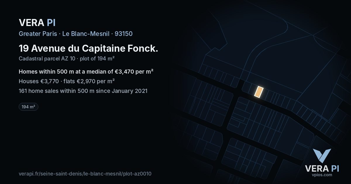 19 Avenue du Capitaine Fonck, Le Blanc-Mesnil at night – the plot lit, the parcels around coloured by the prices near them