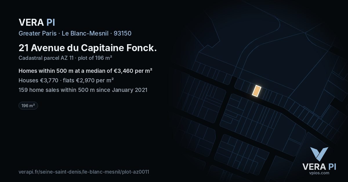 21 Avenue du Capitaine Fonck, Le Blanc-Mesnil at night – the plot lit, the parcels around coloured by the prices near them