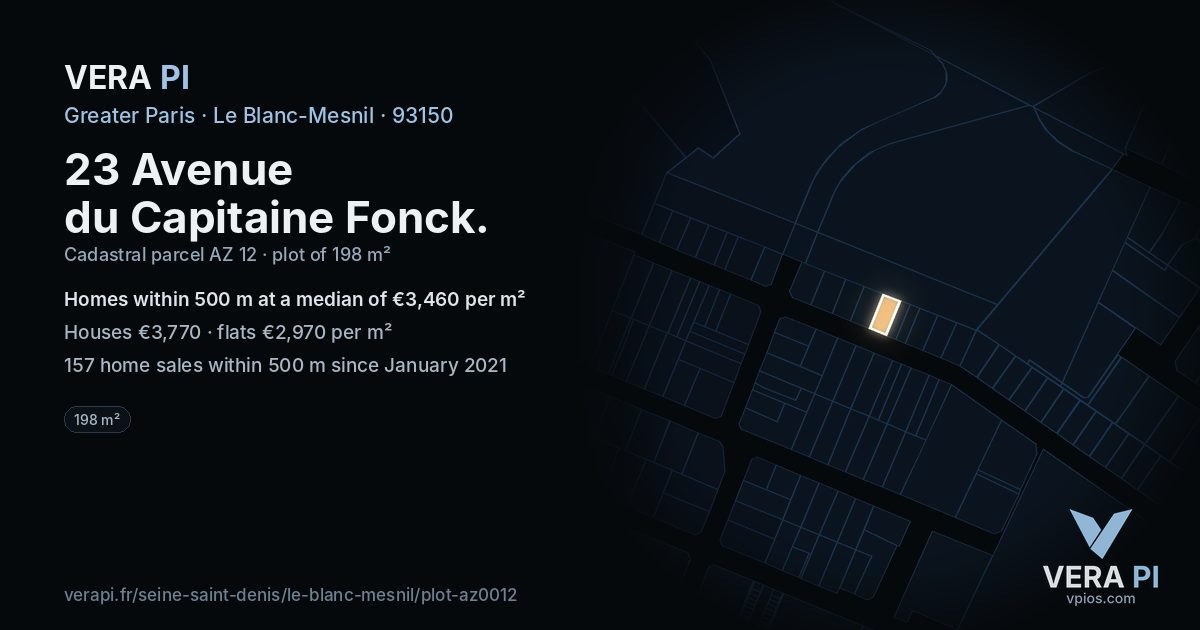 23 Avenue du Capitaine Fonck, Le Blanc-Mesnil at night – the plot lit, the parcels around coloured by the prices near them
