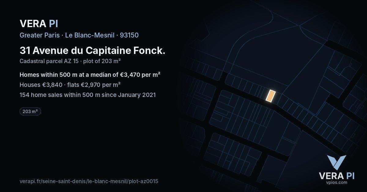 31 Avenue du Capitaine Fonck, Le Blanc-Mesnil at night – the plot lit, the parcels around coloured by the prices near them