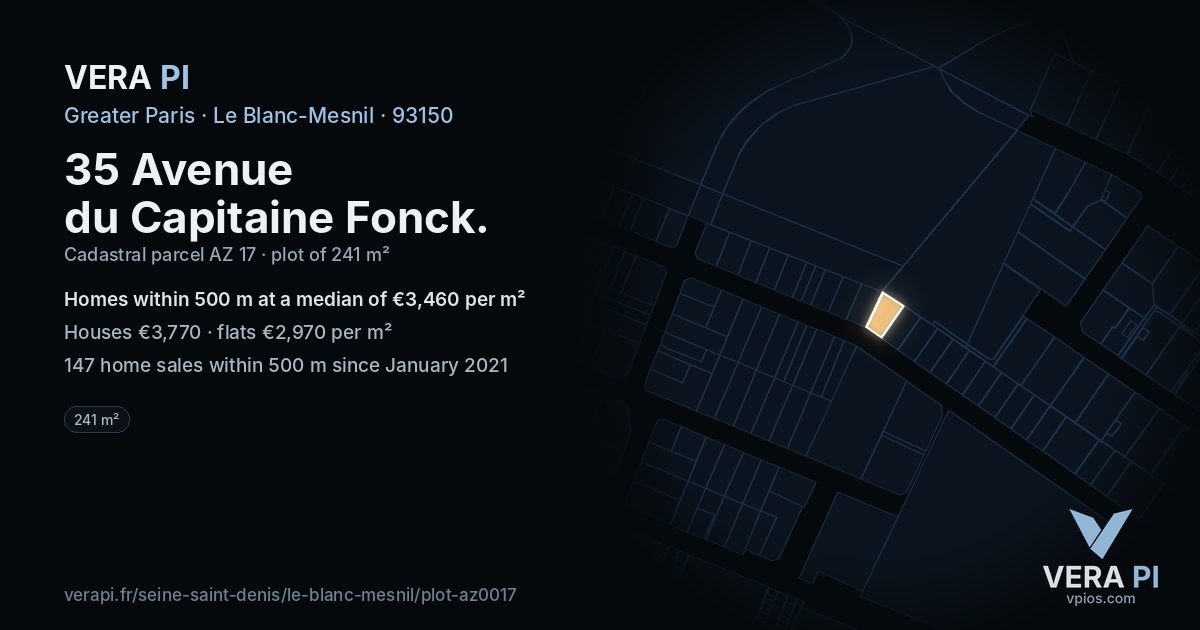 35 Avenue du Capitaine Fonck, Le Blanc-Mesnil at night – the plot lit, the parcels around coloured by the prices near them