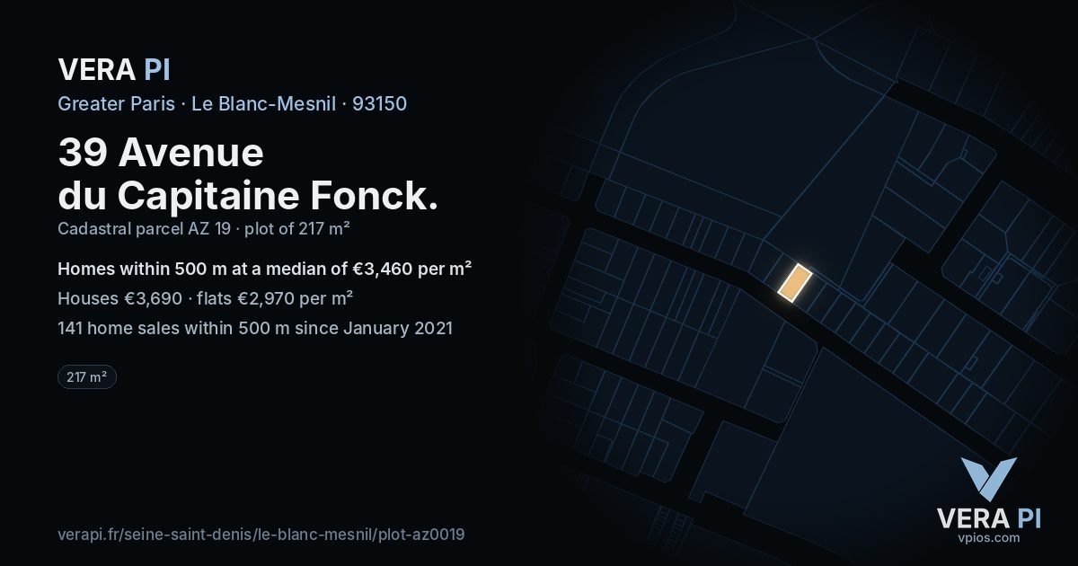 39 Avenue du Capitaine Fonck, Le Blanc-Mesnil at night – the plot lit, the parcels around coloured by the prices near them