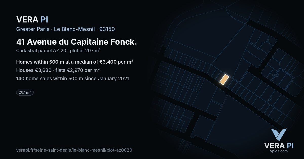 41 Avenue du Capitaine Fonck, Le Blanc-Mesnil at night – the plot lit, the parcels around coloured by the prices near them