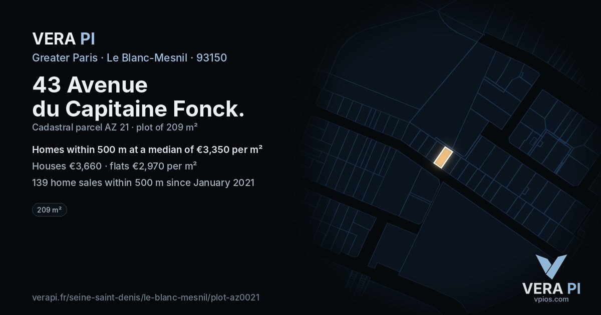 43 Avenue du Capitaine Fonck, Le Blanc-Mesnil at night – the plot lit, the parcels around coloured by the prices near them
