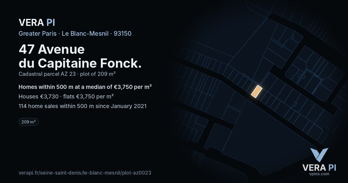 47 Avenue du Capitaine Fonck, Le Blanc-Mesnil at night – the plot lit, the parcels around coloured by the prices near them