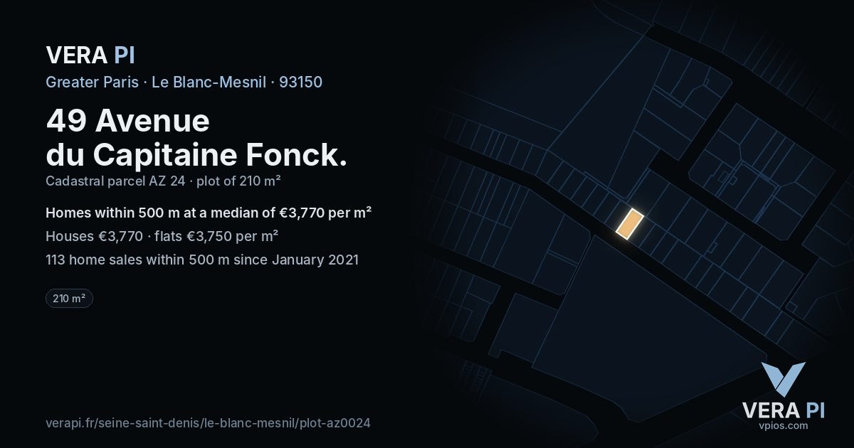 49 Avenue du Capitaine Fonck, Le Blanc-Mesnil at night – the plot lit, the parcels around coloured by the prices near them