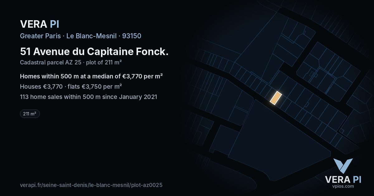 51 Avenue du Capitaine Fonck, Le Blanc-Mesnil at night – the plot lit, the parcels around coloured by the prices near them