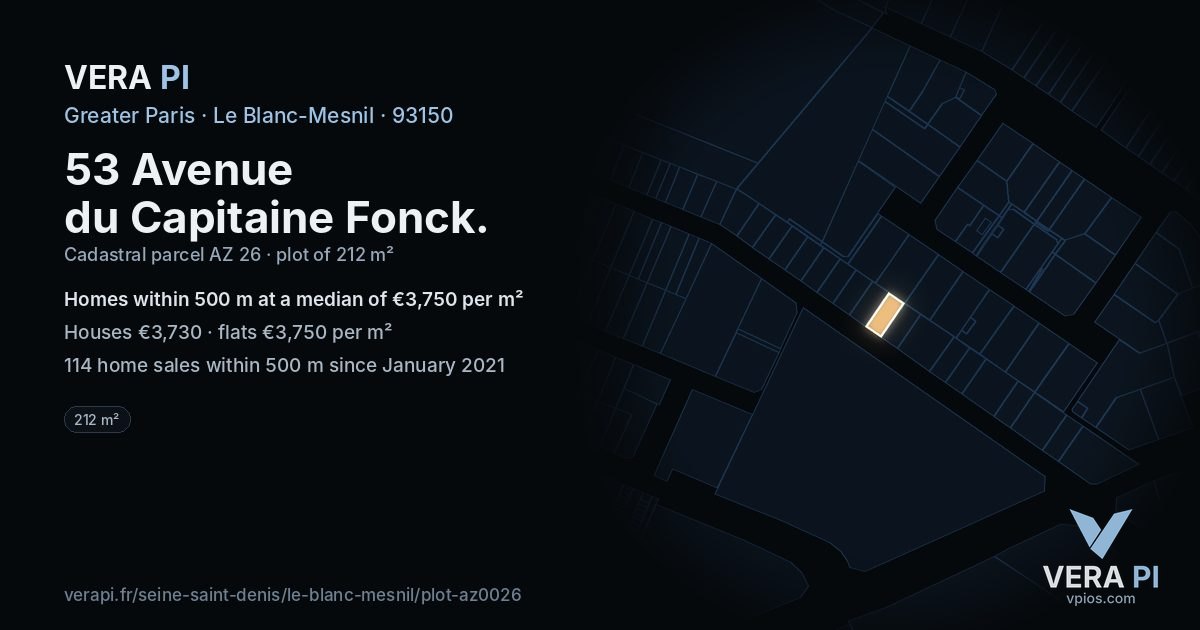 53 Avenue du Capitaine Fonck, Le Blanc-Mesnil at night – the plot lit, the parcels around coloured by the prices near them