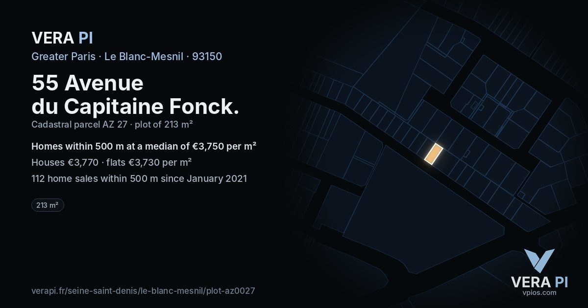 55 Avenue du Capitaine Fonck, Le Blanc-Mesnil at night – the plot lit, the parcels around coloured by the prices near them