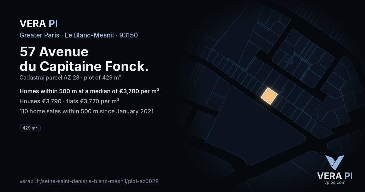 57 Avenue du Capitaine Fonck, Le Blanc-Mesnil at night – the plot lit, the parcels around coloured by the prices near them