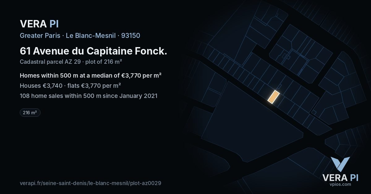 61 Avenue du Capitaine Fonck, Le Blanc-Mesnil at night – the plot lit, the parcels around coloured by the prices near them