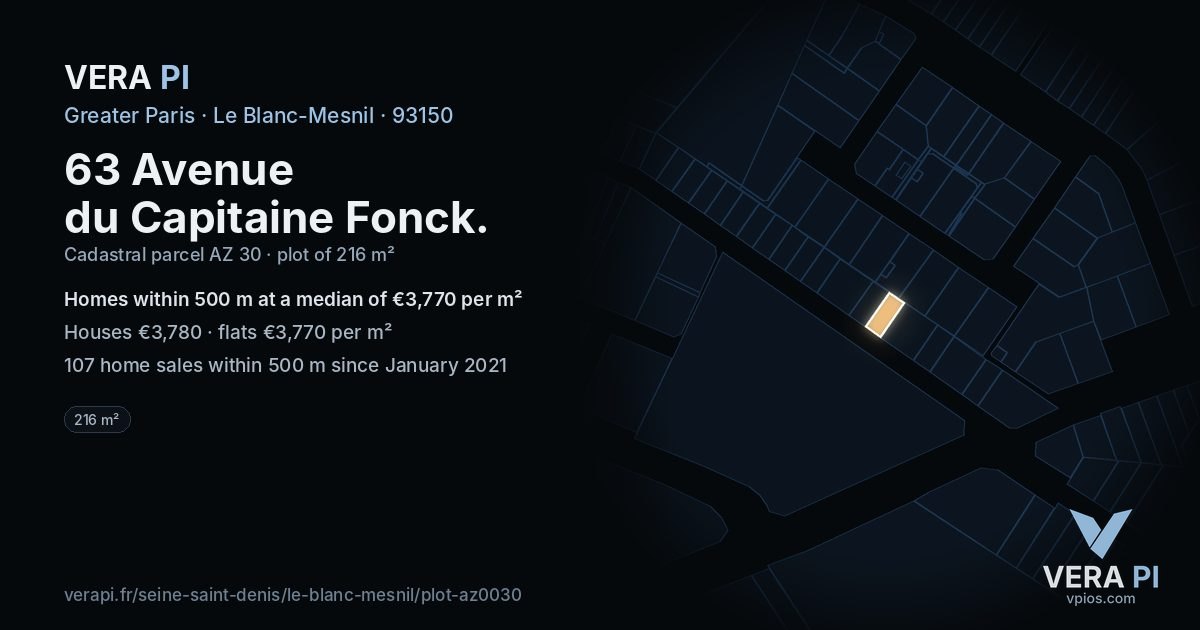 63 Avenue du Capitaine Fonck, Le Blanc-Mesnil at night – the plot lit, the parcels around coloured by the prices near them