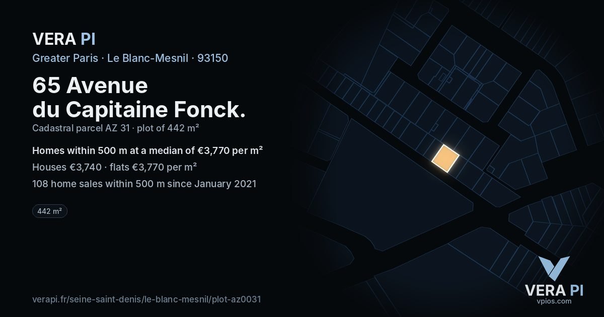 65 Avenue du Capitaine Fonck, Le Blanc-Mesnil at night – the plot lit, the parcels around coloured by the prices near them