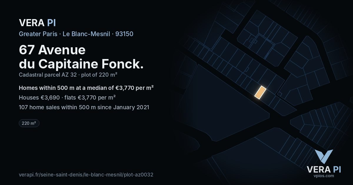 67 Avenue du Capitaine Fonck, Le Blanc-Mesnil at night – the plot lit, the parcels around coloured by the prices near them