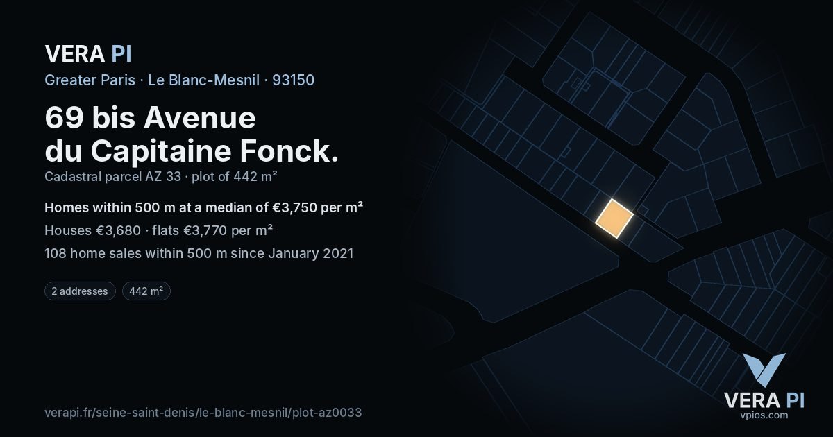 69 bis Avenue du Capitaine Fonck, Le Blanc-Mesnil at night – the plot lit, the parcels around coloured by the prices near them