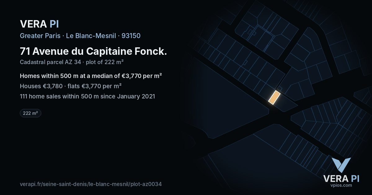 71 Avenue du Capitaine Fonck, Le Blanc-Mesnil at night – the plot lit, the parcels around coloured by the prices near them